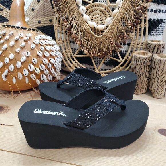 Y2K 2010 Skechers Cali Wedge Platform Black Sandals Women 10/40 Rhinestones NWOB - Picture 12 of 12